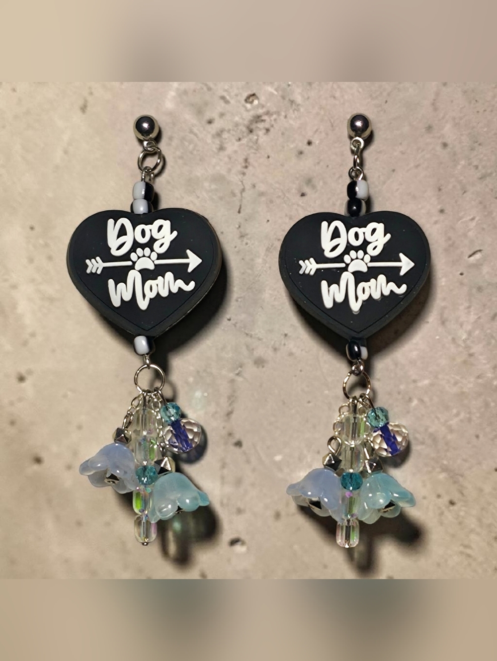 Dog Mom Statement Dangle Earrings with Blue Floral Beads